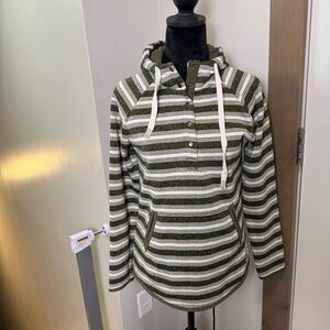 Eddie Bauer Olive Green White Stripe Popover Hoodie Sweatshirt Buttons Knit S